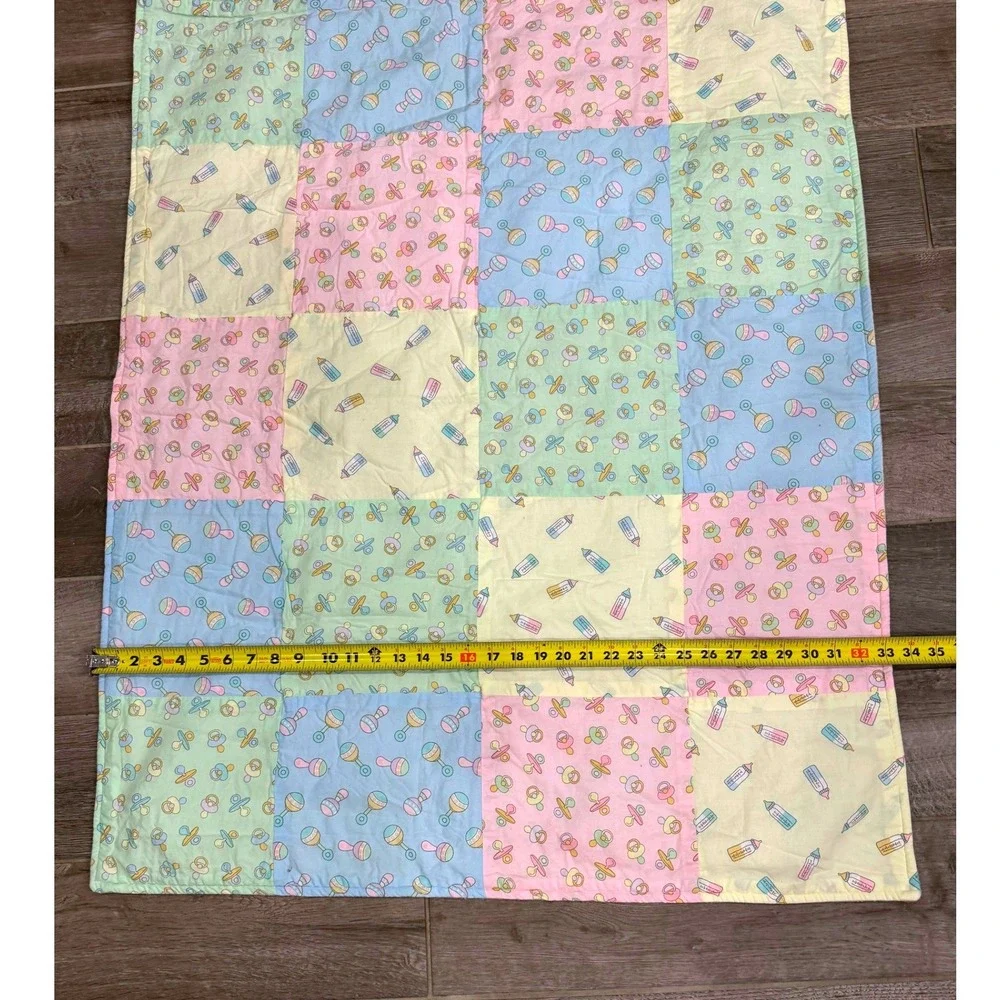 Handmade Baby Quilt 42x33 Pastel Patchwork Rattle Pacifier Bottle Crib Blanket